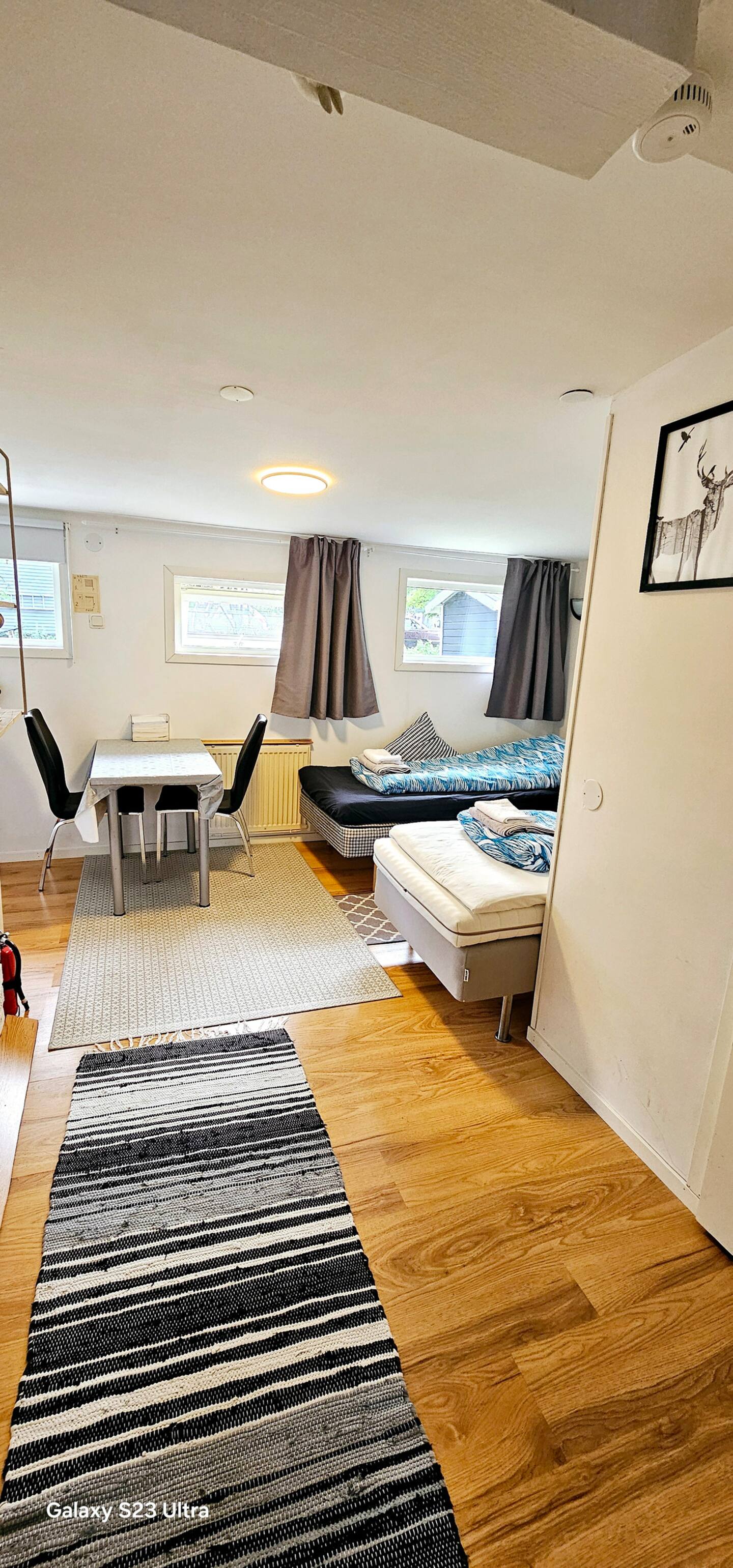 Modern living room with northern lights view